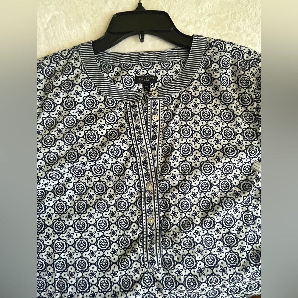 Talbots Blue and White Women top Tunic 3/4 Sleeve Sz Mp‎ - Picture 4 of 9